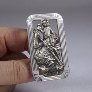 Vintage St Christopher car visor badge, metal traveller protection patron saint